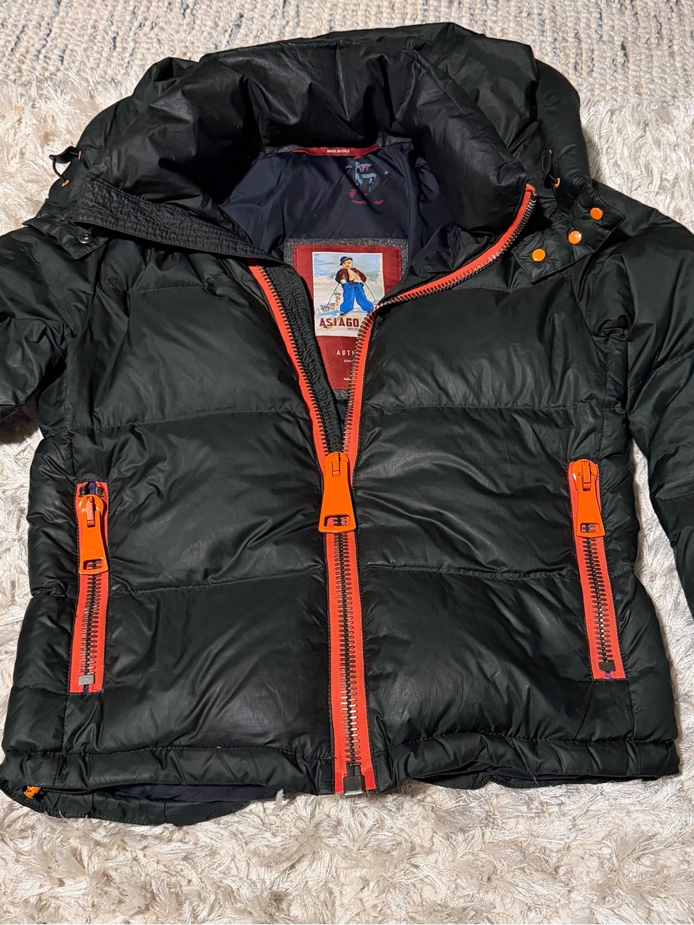 Dark green Puffer Jacket with Orange Zippers by